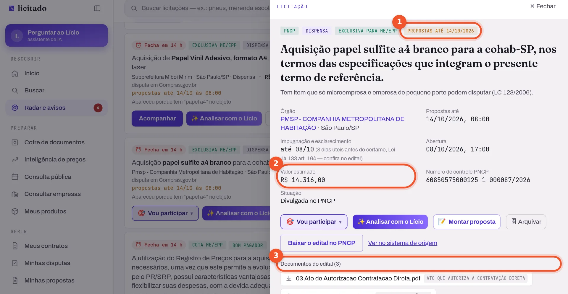 Página de uma licitação no Licitado com prazo, valor estimado e documentos do edital