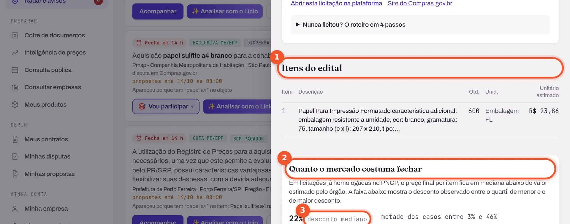 Quanto lançar no Licitado: itens do edital e quanto o mercado costuma fechar