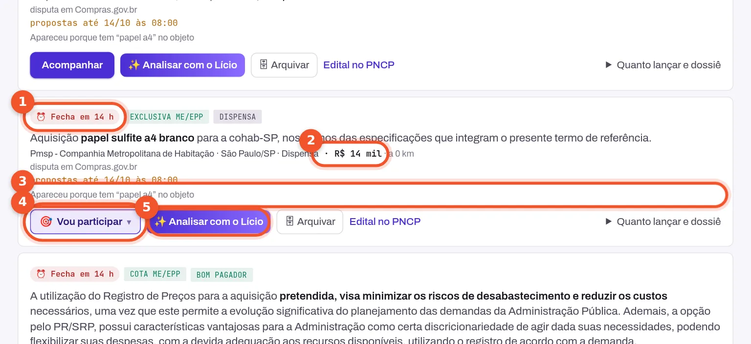 Radar do Licitado com licitações marcadas como exclusiva ME/EPP e cota ME/EPP